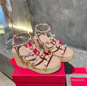 Designer - Dames Zwart Gehaakte Sleehak Sandalen Geweven Platform Slippers Dikke Touwzool Dame Platforms Hak Wedgies