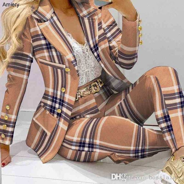 Conjunto con americana de diseñador para mujer, pantalones de moda, trajes de 2 uds., ropa informal de alta calidad, abrigos formales de oficina y negocios, 2023