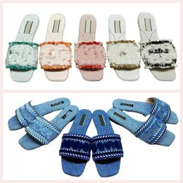Diseñador para mujeres zapatillas de playa azul de la playa deshilachada lienzo bordado sandal sandal plats bordado de verano bordado entrelacador