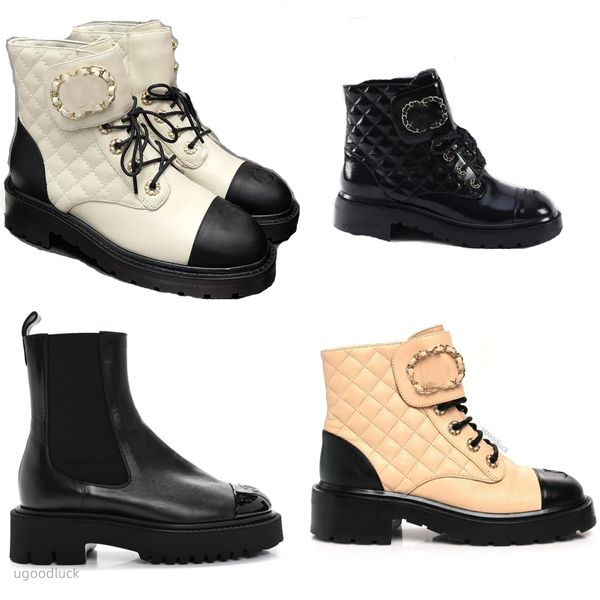 Botas de diseñador para mujer Otoño e invierno Botas de cuero con diamantes de imitación para mujer Botas cortas Botas de arena Tacón grueso más alto Botas Martin Botas para la nieve