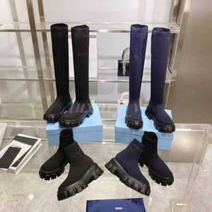 Botas de diseñador para mujer, botines tejidos, calcetines, botas hasta la rodilla, botines de plataforma monolito, calzado informal de suela gruesa Chelsea cálido para invierno