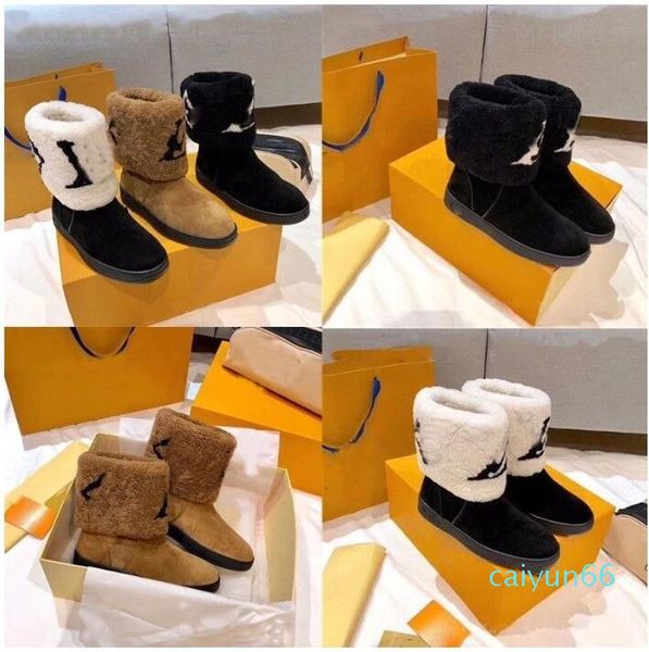 Botas de diseñador para mujer, zapatos informales planos para nieve, zapatos cálidos de piel de oveja para invierno, color marrón y negro