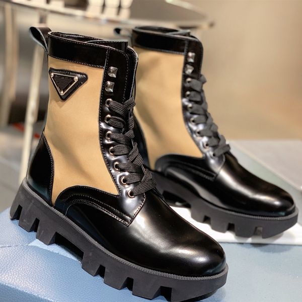 Botas de diseñador para mujer, zapatos de tobillo de punta redonda de cuero de lona de nailon para nieve, zapatos de moto de combate de deslizamiento alto, zapatos grises clásicos para mujer y niña