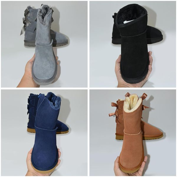 Botas de mujer de diseñador invierno nieve peludo negro azul marino rosa satén bota tobillo Bailey botines piel cuero al aire libre Bowtie zapatos