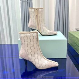 Designer Women crystal mesh sandal boot Women's Leather trims Mid-heel boots dress shoes heel 7.5cm design shoe size 35-42 03