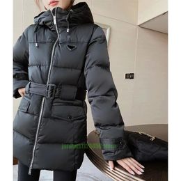 Designer Women Down Jackets omgekeerde driehoek merk luxueuze klassieke capuchon mid-lengte jassen cinched taille verdikte winterversie jas Parkas M1021