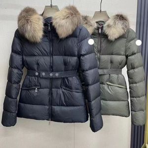 Designer Women Down Parkas Korte geborduurde badge slanke fit tailleband bont kraag puffer puffer jas verdikte warmte winterjas