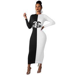 2024 Designer Women Dresses Merk Zwart Witte paneel One Piece Outfit Bodycon Maxi Dress Print Party Club Rabes Lange Mouw Vestidos Fall Winter Desing 9079-6