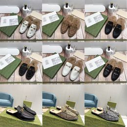 Designer Dames Bont Slippers Leren Muilezels Loafers Bee Slides Dames Wit Zwart Metalen Gesp Keten Harige Casual Platte Schoenen Slipper 35-42