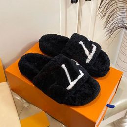 Designer dames bont slippers luxe merk loafers schoenen vrouw warme letters fuzzy plat comfort mule wol donzige glijbanen op roze groene wolk witte zwarte harige sandalen