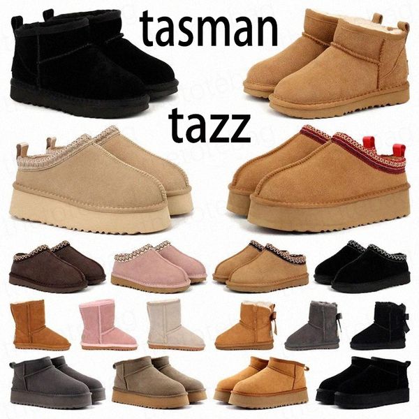 Zapatillas Tasman Zapatos castaños Diseñador Ugh UG Tazz Botas Ultra Plataforma Moda de lujo Mujer Gamuza Nieve Invierno Botas de lana cálidas Piel de oveja Ankel Botines con caja