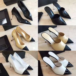 Designer Femmes Talons Pump Shoes Plear Talons Perle Chaussures robes Slip on High Heel Mule Pumps Real Leather Patchwork Slingback Beige Black Blanc White Evening Wedding Party Party