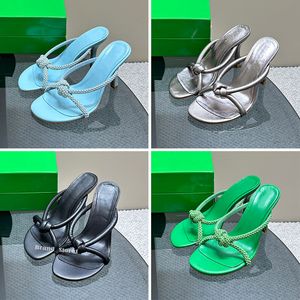 Designer Femmes talons sandales chaussures robes entrelacant les bretelles en cuir tubulaire Mules Sortie Soirée Chaussures 8,5 cm Mid Black Green Silver Gold Talons avec boîte 35-43