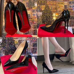 Zapatos de tacón alto de diseñador para mujer, fondos rojos brillantes, 8 cm, 10 cm, 12 cm, tacones finos, zapatos de mujer de charol negro desnudo, zapatos de boda con bolsa para polvo 34-44