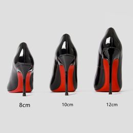 Zapatos de tacón alto de diseñador para mujer, fondos rojos brillantes, 6 cm, 8 cm, 10 cm, 12 cm, tacones finos, zapatos de charol negros puntiagudos para mujer con bolso de ante rojo 34-44