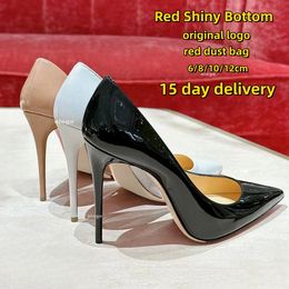 Designer vrouwen hoge hakschoenen kleden rode glanzende bodems 8cm 10 cm 12 cm dunne hakken zwarte naakt lederen vrouw pompen met stofzak 36-44