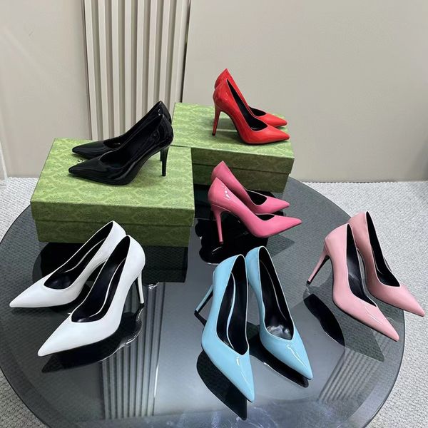 Zapatos de tacón alto de diseñador para mujer, partes inferiores rojas brillantes, puntas puntiagudas, tacones finos de 10 cm, zapatos de mujer de charol negro desnudo con bolsa para polvo, zapatos de vestir 35-42