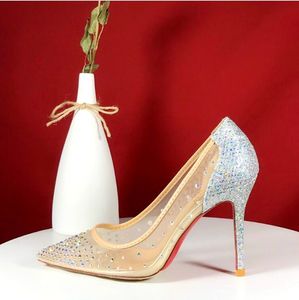 Designer-Vrouwen Hoge hakken visnet stijl Puntschoen steentjes Crystal bling Zilver gouden pumps vrouwen Hakken party Bruiloft schoen