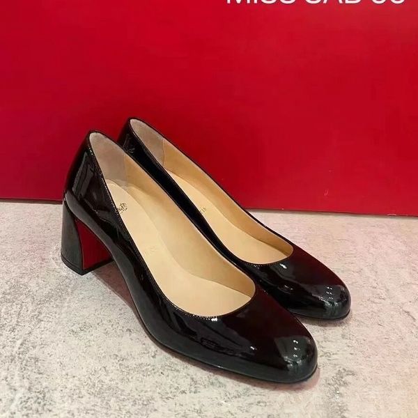 Designer Femmes Talons Hauts Chaussures Rouge Brillant Bas Talon Épais Bout Rond Nude Noir En Cuir Verni De Luxe Marque Rouge Chaussures De Mariage Avec Sac À Poussière Taille 35-43