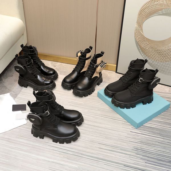 Diseñador Mujeres Botas altas Tacones gruesos Tobillo Arrancado Cuero genuino Botas de combate Señoras Zapatos de plataforma de invierno Caja