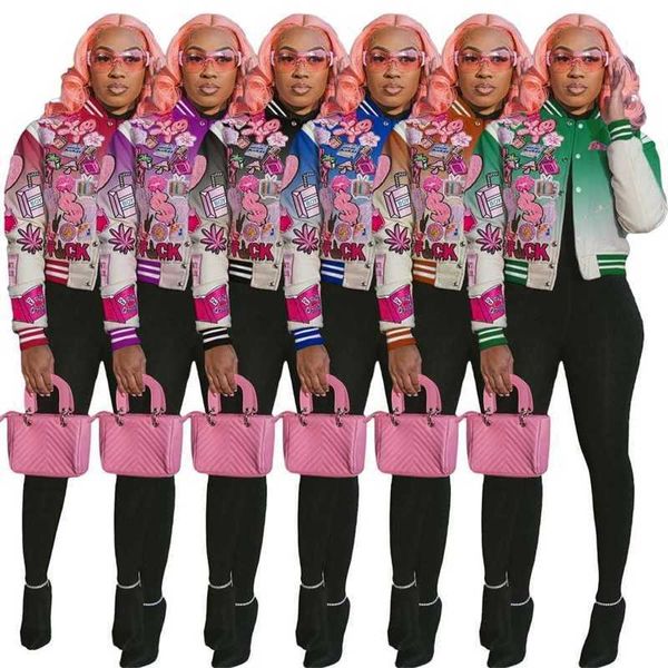 Designer Femmes vestes pardessus 2023 Nouvelles Lettres Motif Imprimé Bouton Bomber Gradient Couleur Tops Manteaux multicolore