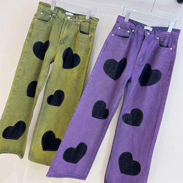 Designer femmes jeans marque de mode amour jet d'encre chasse d'eau de lavage pour faire vieux rue taille haute décontracté violet jambe droite jeans