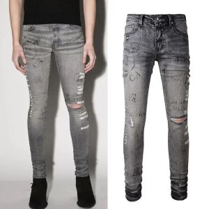 Jeans pour femmes de créateurs Jeans en denim extensible gris imprimé pour hommes Slim Fit Zip Close Details pantalon de moto hip hop CHG2308052 6.21