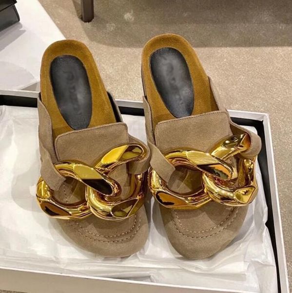 Designer Femmes JW MOLES MULES SLIPPER LONDON Brand Ja Sandals Geothe Suppine En cuir Bottom Bottom Flats Talons plats glissements Gold Chain Slippers Designers Luxury Designers Chaussures