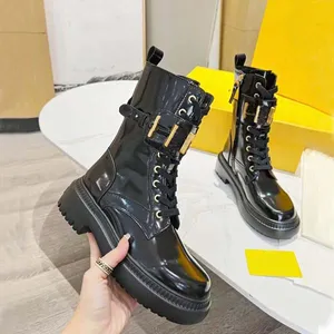 Women's Locomotive Boots with Gold Metal Letters, Genuine Leather, Thick Bottom, Martin Boot Platform, Middle Heel, Autumn and Winter Shoes, Size 35-41, with Box