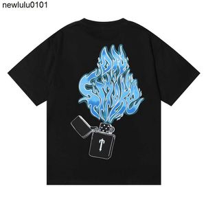 Designer dames heren t shirts trapstar lichter blauw vlam printkwaliteit dubbel garen katoen losse casual korte mouwen t-shirt voor mannen