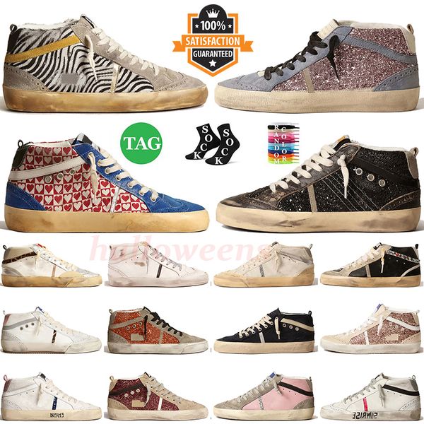 Diseñador mujeres hombres zapatos casuales 2024 moda brillo goosly flash oro tachuelas estampado de leopardo piel de pony plataforma skat mid star zapatillas de deporte cuero gamuza deportes entrenadores