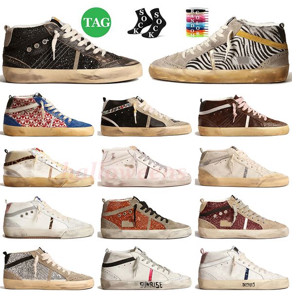 Diseñador Mujer Zapatos casuales para hombre Brillo clásico Goosly Flash Tachuelas doradas Estampado de leopardo Plataforma de piel de pony Skat Mid Star Zapatillas de deporte Zapatillas deportivas de gamuza de cuero