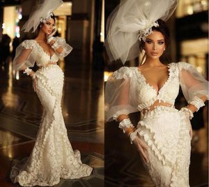 Designer Femmes Sirène Robes De Soirée Col En V Manches Bouffantes Robes De Bal Dentelle Appliques Deux Pièces Robe Pour La Fête Sur Mesure Robe De Soirée