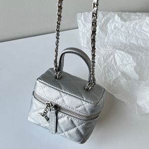 Designer Femmes Mini Tout Argent Sac De Maquillage Avec Poignée Supérieure En Cuir Caviar Matériel Argent Fermeture À Glissière Chaîne Matelasse 10x6cm Diamant Sac À Main Bandoulière Sac À Main