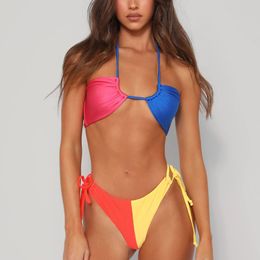 Diseñador Mujer nuevo 2023 bikini sexy de dos piezas Múltiples colores chocan con cordones traje de baño qj1428 traje de baño deportivo de playa de moda