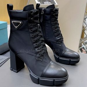 Botas de placa de diseñador para mujeres Botas de encaje de la plataforma de la plataforma de la plataforma Nylon Nylon Black Combat Boots High Winter Boot 7.5cm 9.5 cm con caja envío gratis