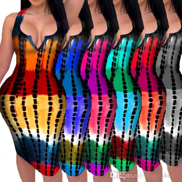 Diseñador Mujer Vestido estampado 2022 Verano Tie Dye Estampado de rayas Sexy Escote en V profundo Bolso Cadera Sin mangas Correa Vestidos Casual Tight Bodycon Falda