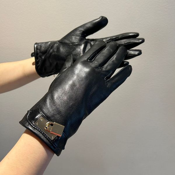 Guantes de cuero auténtico de diseñador para mujer, guantes impermeables con pantalla táctil, guantes de lana suave con cinco dedos para otoño e invierno