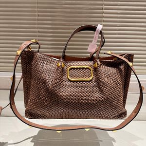 Diseñador Mujer Remache Diseño Lino Carta Bolsa de asas Italia Marca de lujo V Bolsos de hombro de lino marrón Señora Cuero de vaca Correa de cuero Bolso de compras con monedero 35 cm