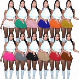 Designer femmes 2023 mode d'été couleur unie T-shirt sexy mini jupe plissée multicolore deux pièces ensemble u7du #