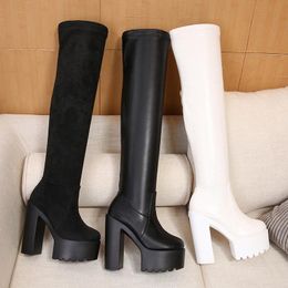 Diseñador Botas para mujeres Punk Professional DJ Plataforma High Heel Fashion Color sólido sobre la rodilla Botas largas otoño invierno blanco blanco