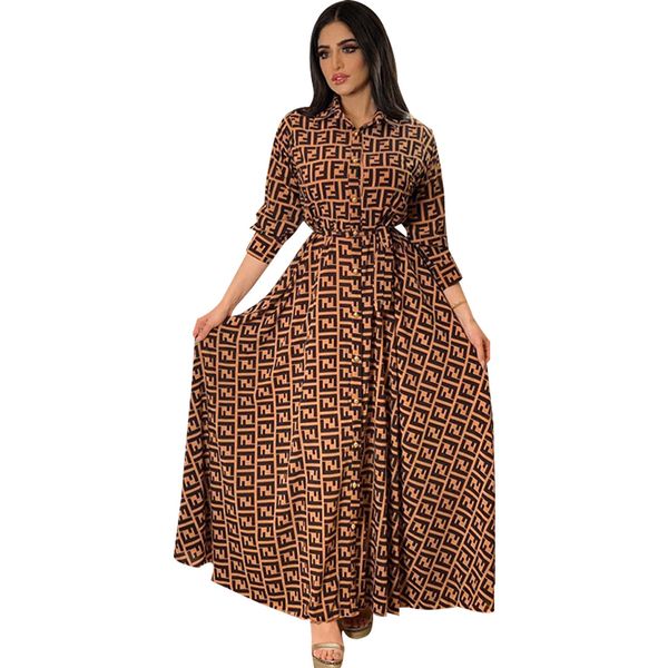 Diseñador Vestidos casuales para mujer Moda francesa elegante para mujeres Verano Retro Impresión Musulmán Dubai Abaya Solapa Camisa de manga larga de un solo pecho DressI25P