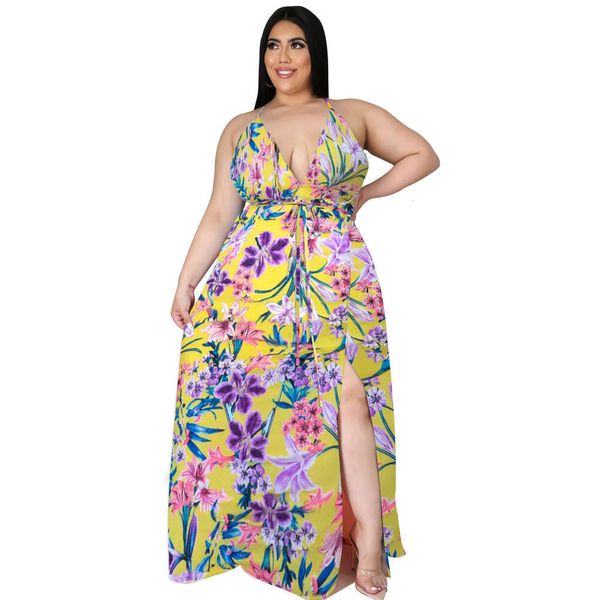 Designer Vêtements pour femmes 2024 Nouveau Summer Womens Bohemian Floral Robe Open Back Split Deep V Grande Robe de combinaison femme Robes Modèles MiniCe Mini Club Robe Bhw5