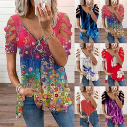 Roupas femininas de grife Novas mulheres com decote em V zip pulôver impresso manga curta solta camiseta feminina top verão moda senhoras blusas plus size roupas femininas9AD4