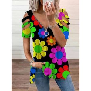 Ropa de mujer de diseñador Nuevas mujeres con cuello en V con cremallera Jersey estampado de manga corta camiseta suelta top de mujer moda de verano blusas para mujer Tallas grandes ropa de mujer7G3X