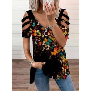 Diseñador de ropa de mujer Nuevas mujeres con cuello en V con cremallera Jersey impreso manga corta camiseta suelta top de mujer moda de verano blusas para mujer Tallas grandes ropa de mujer M9SS