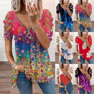 Roupas femininas de grife Novas mulheres com decote em V zip pulôver impresso manga curta solta camiseta feminina top verão moda senhoras blusas plus size roupas femininas9AD4