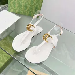 Designer WOMEN'S DOUBLE THONG SANDAL Cuir noir blanc vert clair Matériel doré Chaussures de luxe Pantoufles de plage 03