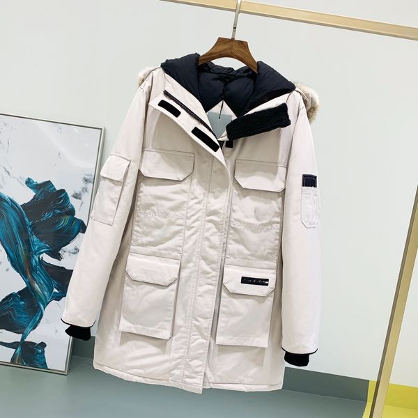 Diseñador Chaqueta de plumón para mujer Marca de moda canadiense Abrigo largo de ganso Cuello de piel de bolsillo grande Top térmico Mujer Otoño e invierno Ropa de pareja a prueba de viento 2l0x