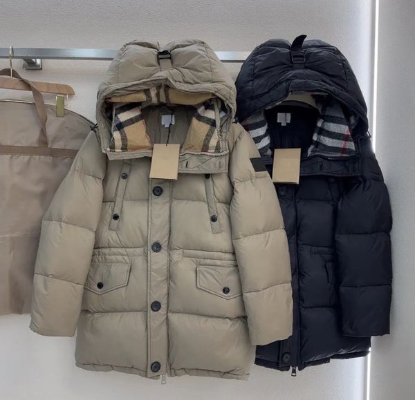 Chaqueta de plumas de diseñador para mujer, chaqueta de algodón de longitud media con capucha y cuello a cuadros Parker, gabardina de invierno de diseño clásico para mujer